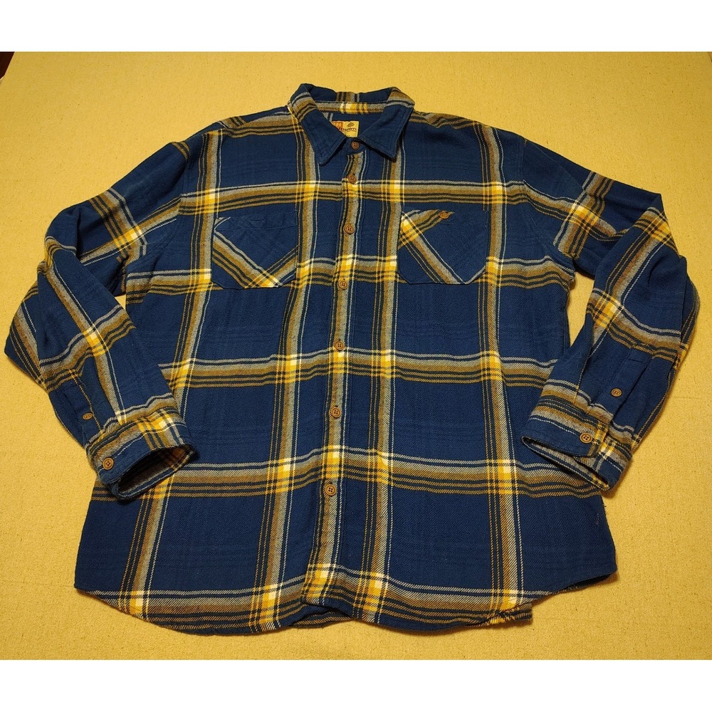 RuffHewn Mens XL Flannel Shirt Blue Yellow Plaid Long Sleeve Button Down I‎